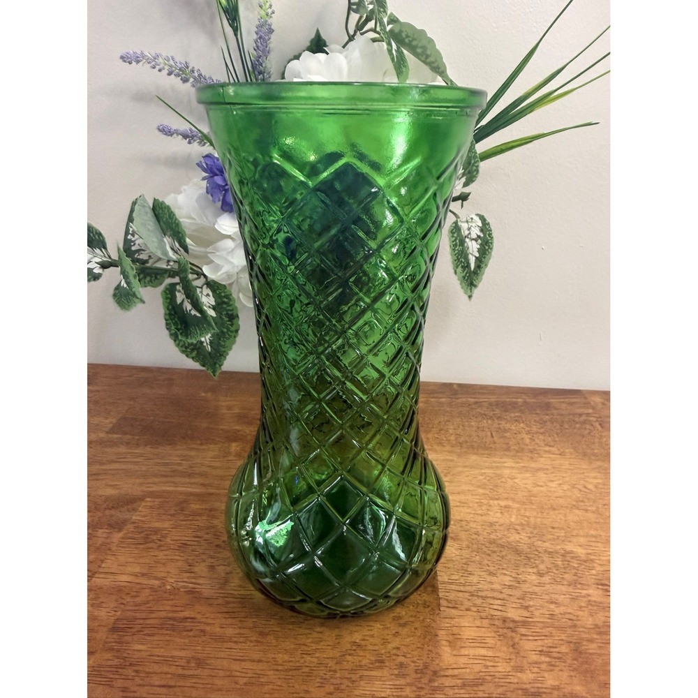 Vintage Hoosier Glass 4081 Green‎ Diamond Vase Tall Textured MCM Style Decor